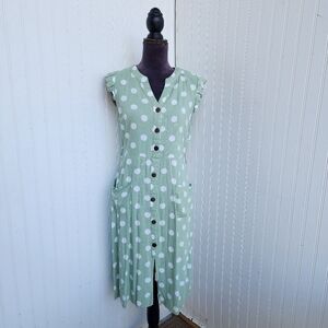 MONTEAU Green White Polka Dot Dress Button-Down Ruffle Sleeve Linen Rayon Sz L
